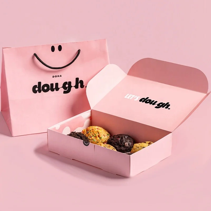 Wholesale Custom Printed Biodegradable Food Grade Paper Delivery Box Pink  Mochi Donut Packaging Cookie Boxes With Bags