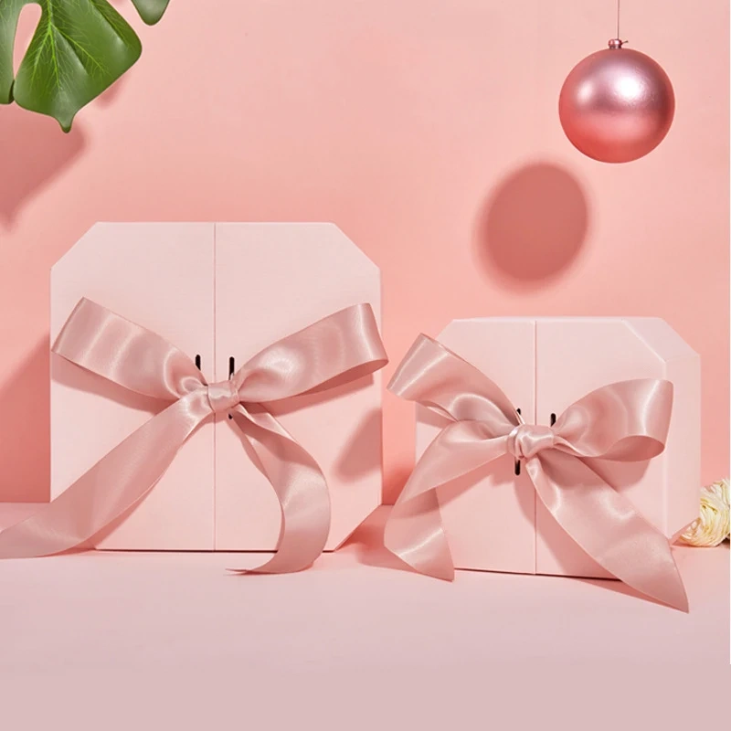 Creative Double Door Coated Octagonal Paper Box Christmas Cosmetic Makeup Packaging Gift Boxes with Magnetic Lid and Ribbon