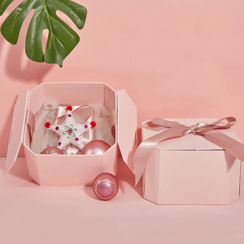Creative Double Door Coated Octagonal Paper Box Christmas Cosmetic Makeup Packaging Gift Boxes with Magnetic Lid and Ribbon