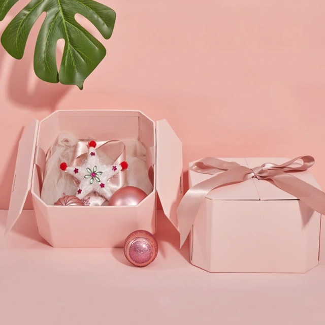 Creative Double Door Coated Octagonal Paper Box Christmas Cosmetic Makeup Packaging Gift Boxes with Magnetic Lid and Ribbon