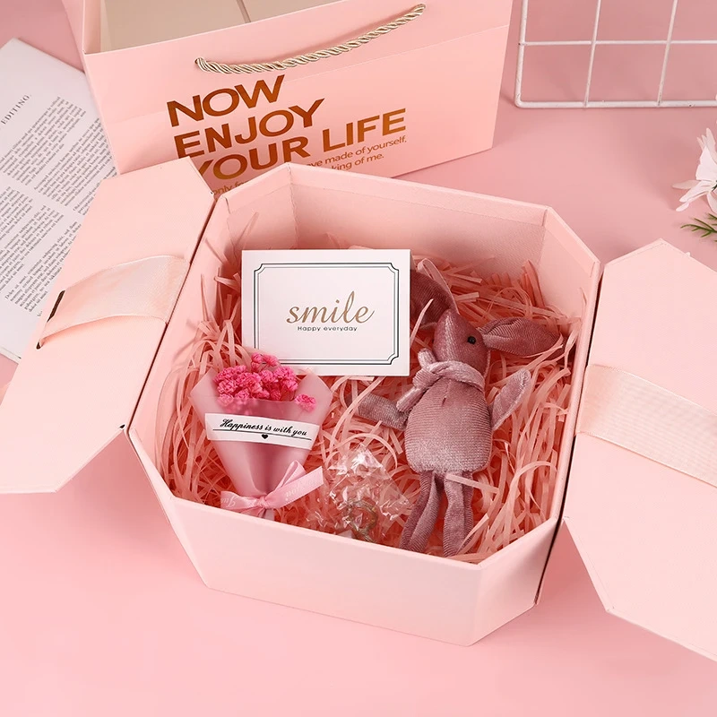 Creative Double Door Coated Octagonal Paper Box Christmas Cosmetic Makeup Packaging Gift Boxes with Magnetic Lid and Ribbon