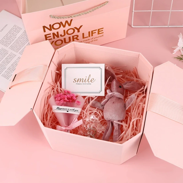 Creative Double Door Coated Octagonal Paper Box Christmas Cosmetic Makeup Packaging Gift Boxes with Magnetic Lid and Ribbon
