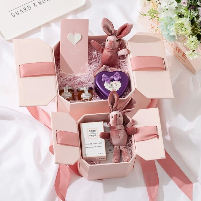 Creative Double Door Coated Octagonal Paper Box Christmas Cosmetic Makeup Packaging Gift Boxes with Magnetic Lid and Ribbon