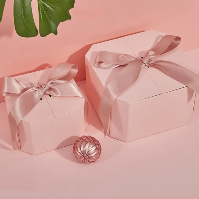 Creative Double Door Coated Octagonal Paper Box Christmas Cosmetic Makeup Packaging Gift Boxes with Magnetic Lid and Ribbon