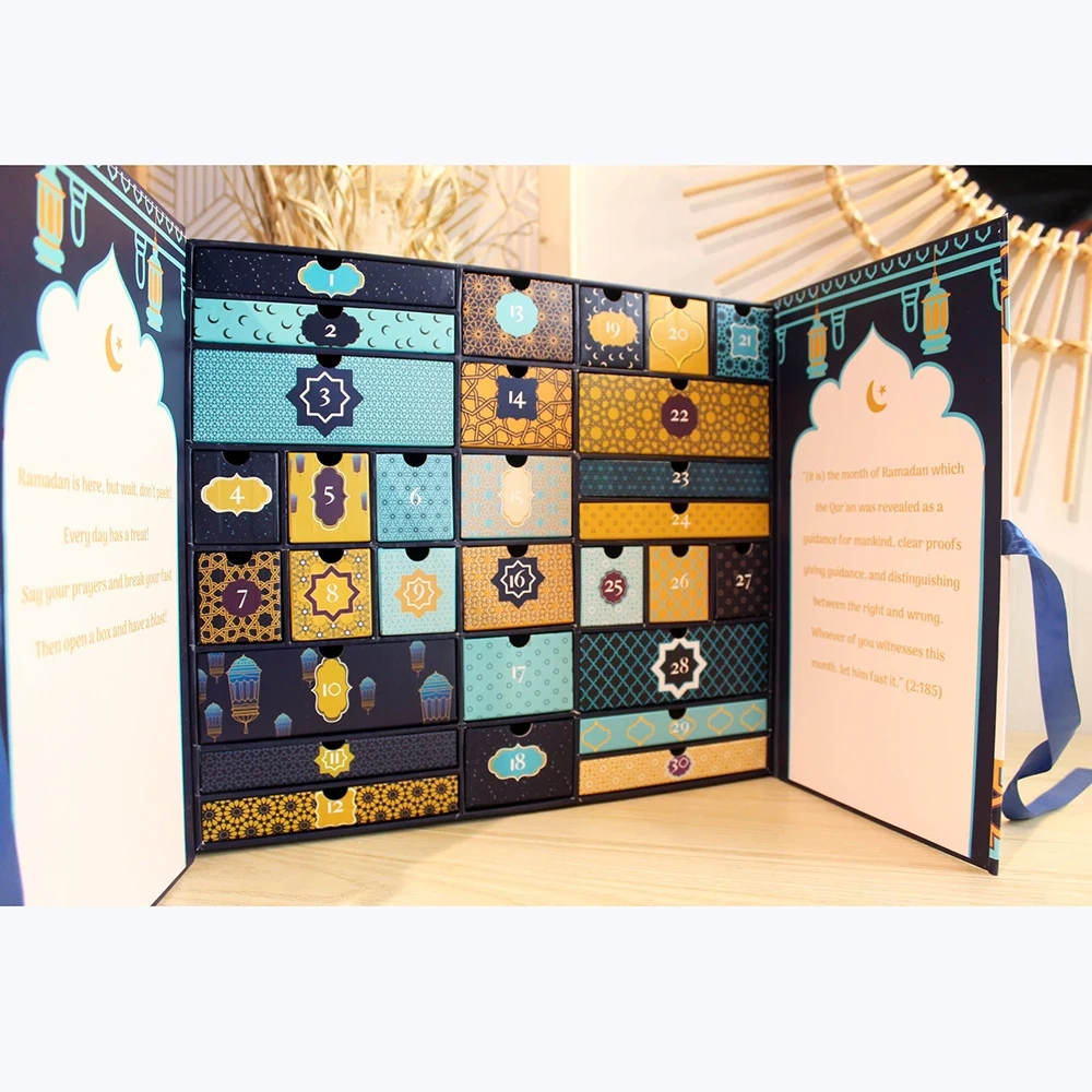 Custom Printing Ramadan 30 Days Advent Calendar Gift Box Packaging Paper Magnet Gift Box With Ribbon