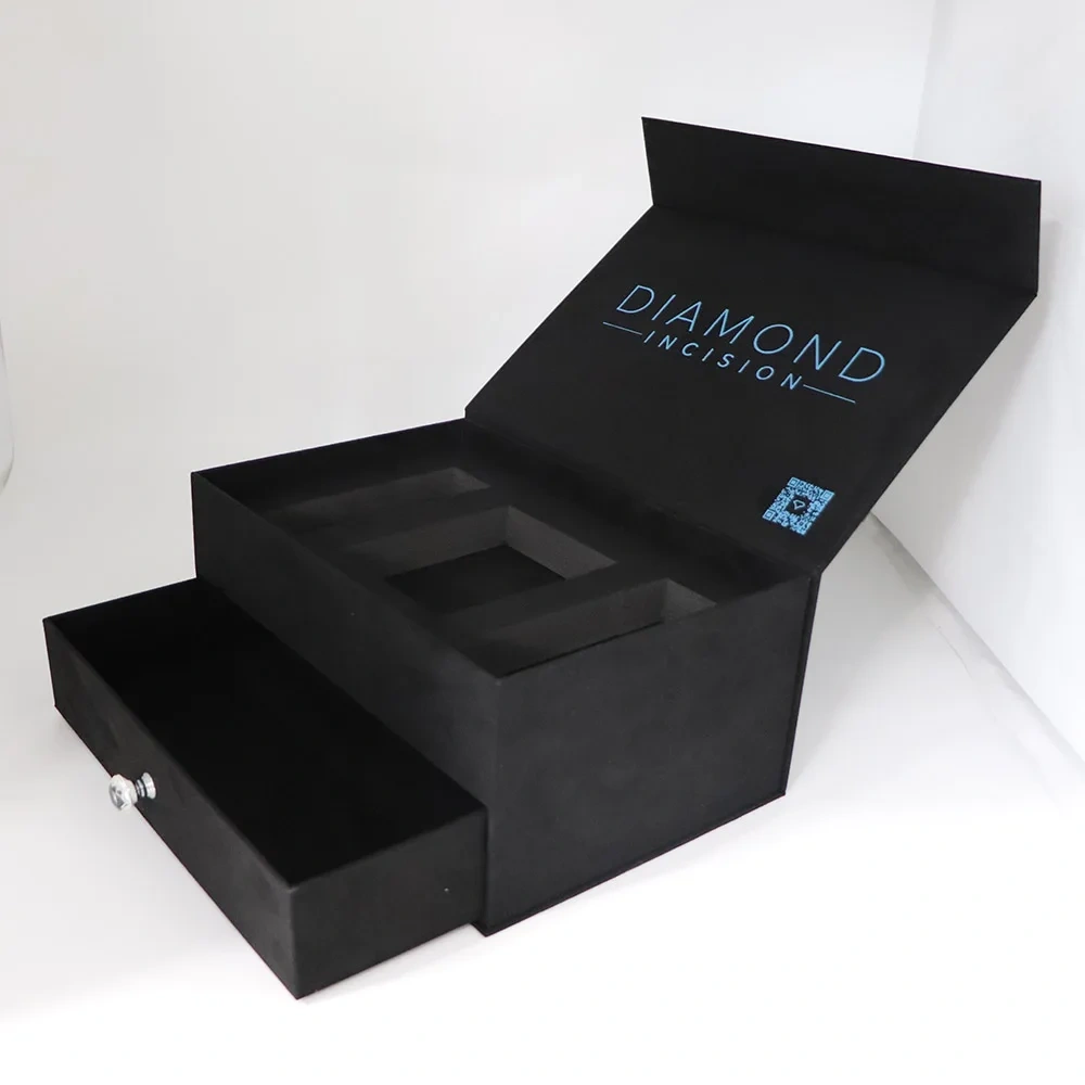 Customized High Quality Luxury Double Layer Flannel Box Drawer Magnet Cosmetic Gift Box with Hot Stamping Logo