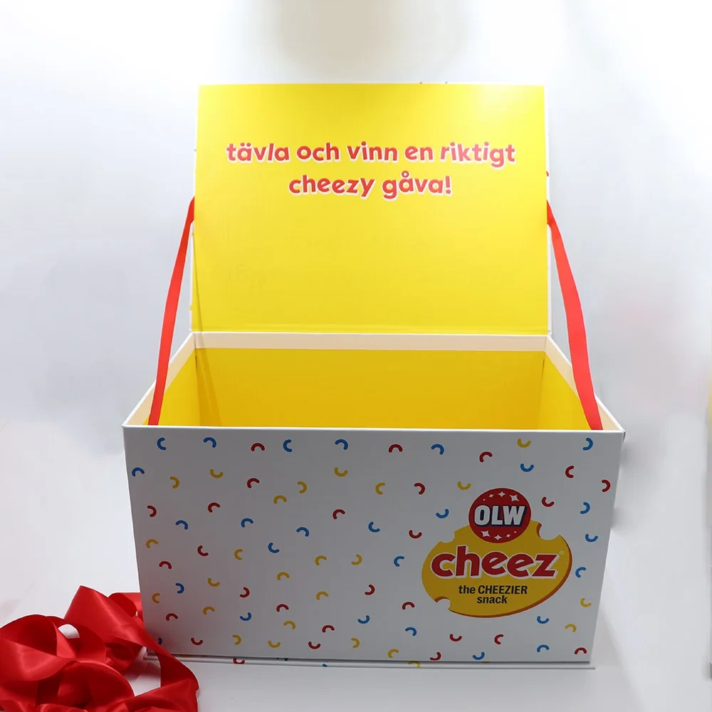 Custom Wholesale Luxury Big Snack Gift Box Custom Design Cheez Snacks Food Packaging Cardboard Box with Ribbon