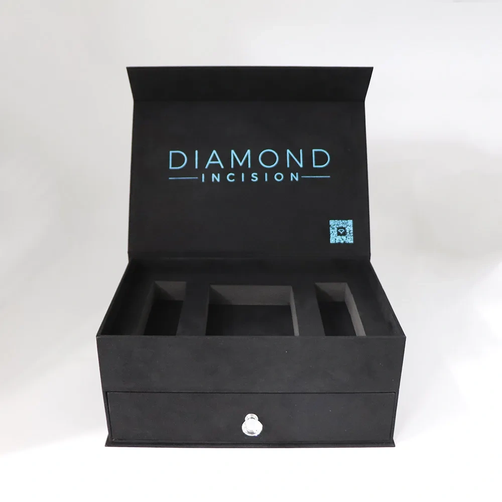 Customized High Quality Luxury Double Layer Flannel Box Drawer Magnet Cosmetic Gift Box with Hot Stamping Logo