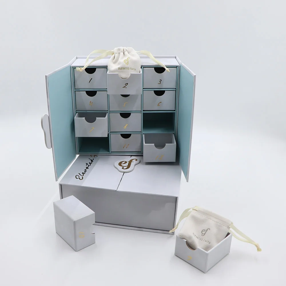 Custom Gift 12 Day Countdown Cosmetics Beauty Advent Calendar Box Empty Paper Wrapped Christmas Jewelry Drawer Calendar Box