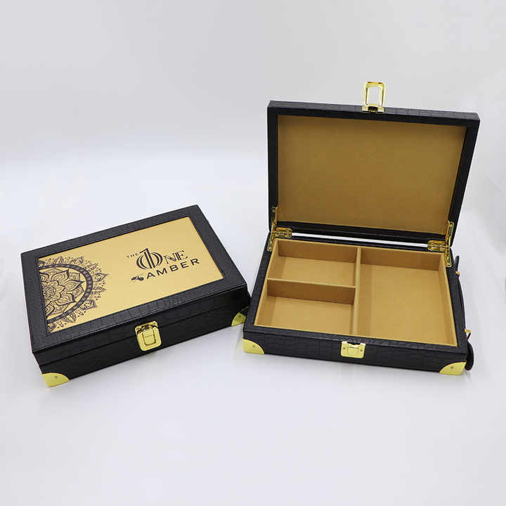 Customized Luxurious Rectangle Jewelry PU Leather Gift Box with Stamping Embossing Logo Hardware Locks Flannel Lining