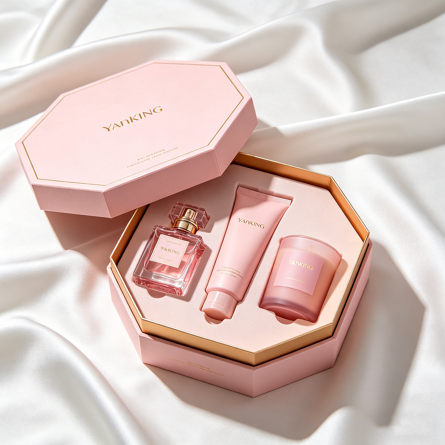 Customized Perfume Aromatherapy Skincare Gift Box Sets Octagonal Paper Box with Lining for Valentine's Day