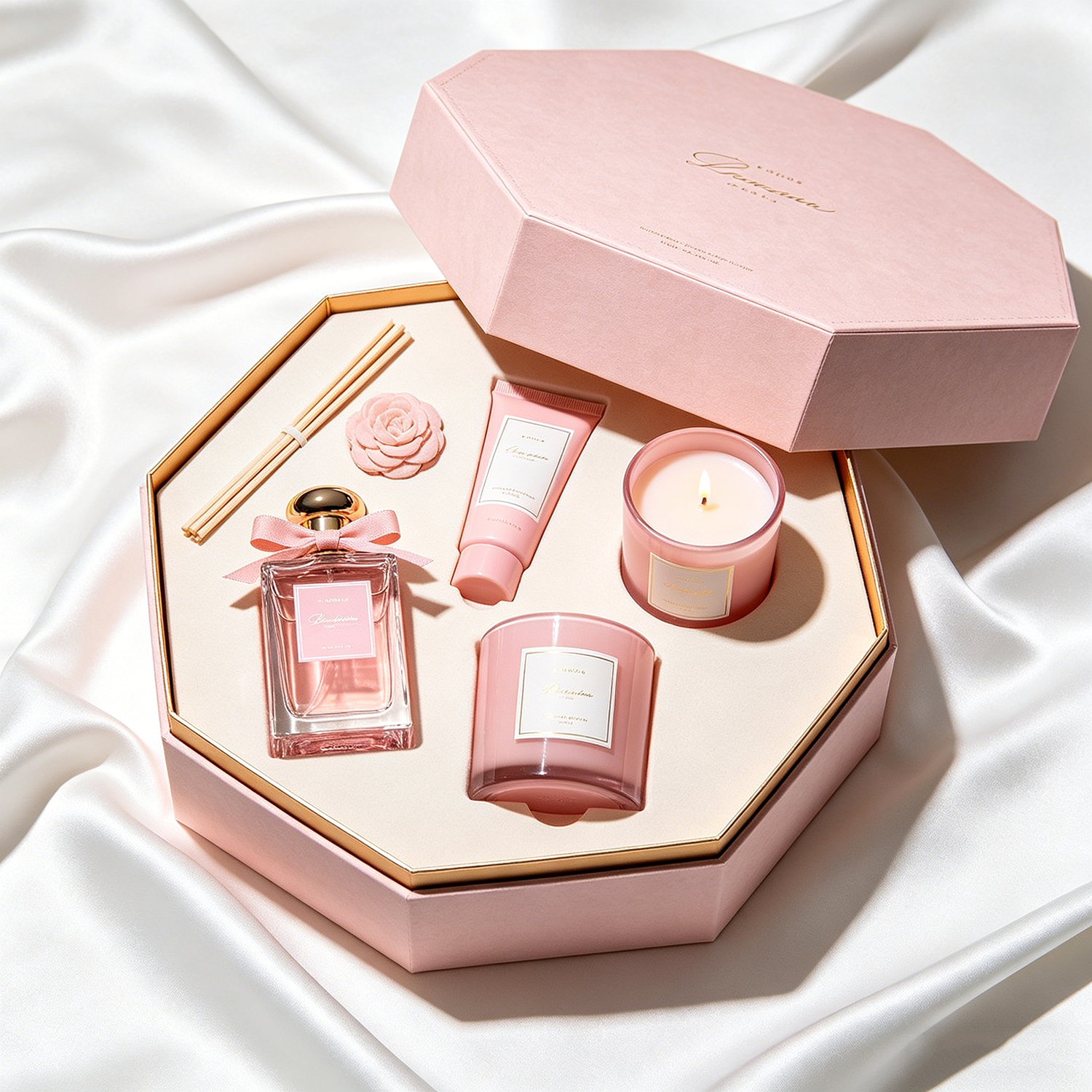 Customized Perfume Aromatherapy Skincare Gift Box Sets Octagonal Paper Box with Lining for Valentine's Day