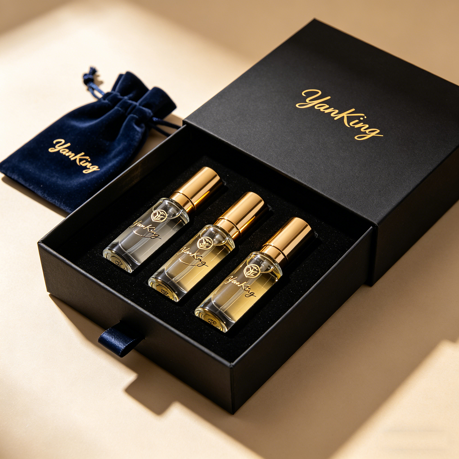 Eco-Friendly Paper Perfume Box Customized Gold Stamping LOGO Small Sliding Drawer Box with Sponge EVA Lining