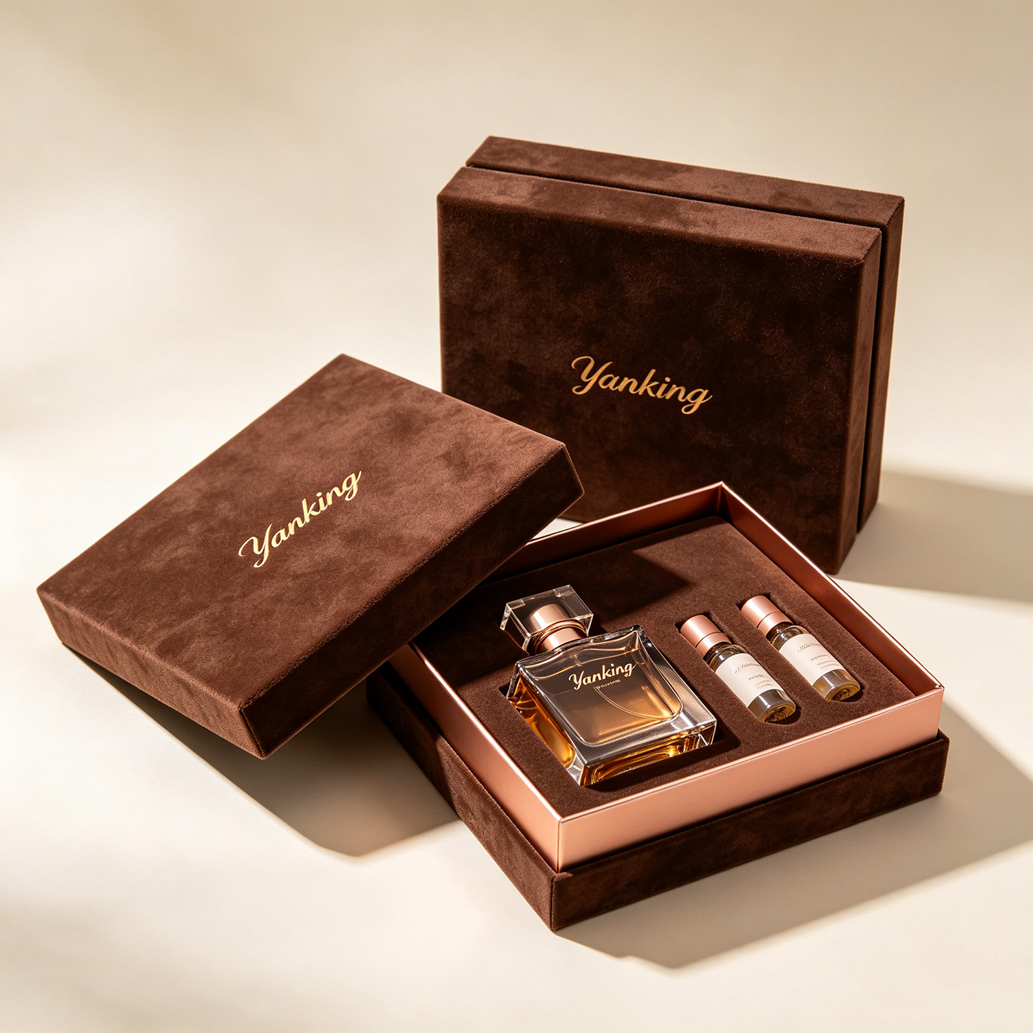 Custom Velvet Perfume Boxes Gold Foil Stamping & Gold Velvet Lining Luxury Cosmetics Packaging for High-End Brands