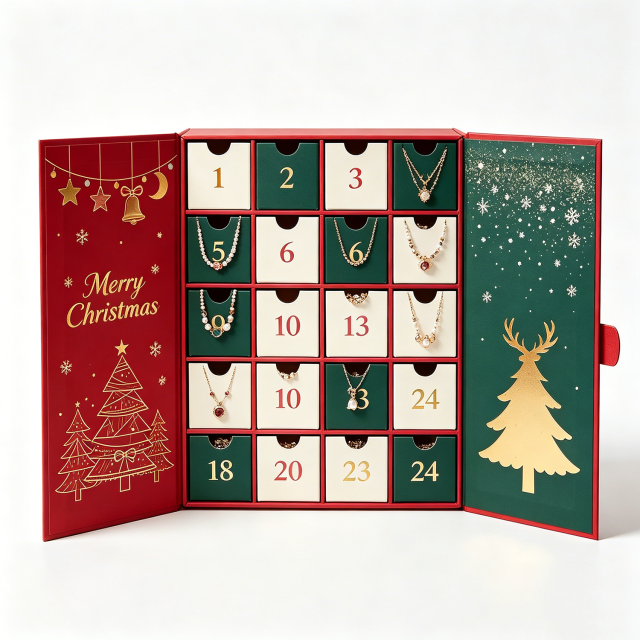 Custom 24-Day Countdown Advent Calendar Box Empty Paper Wrapped Christmas Jewelry Drawer for Cosmetics Beauty Embossed Printing