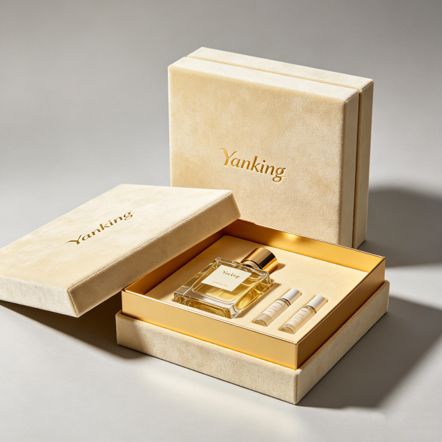 Custom Velvet Perfume Boxes Gold Foil Stamping & Gold Velvet Lining Luxury Cosmetics Packaging for High-End Brands