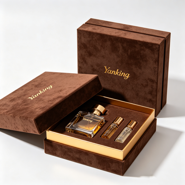 Custom Velvet Perfume Boxes Gold Foil Stamping & Gold Velvet Lining Luxury Cosmetics Packaging for High-End Brands