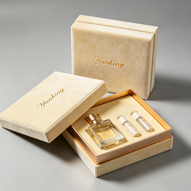 Custom Velvet Perfume Boxes Gold Foil Stamping & Gold Velvet Lining Luxury Cosmetics Packaging for High-End Brands