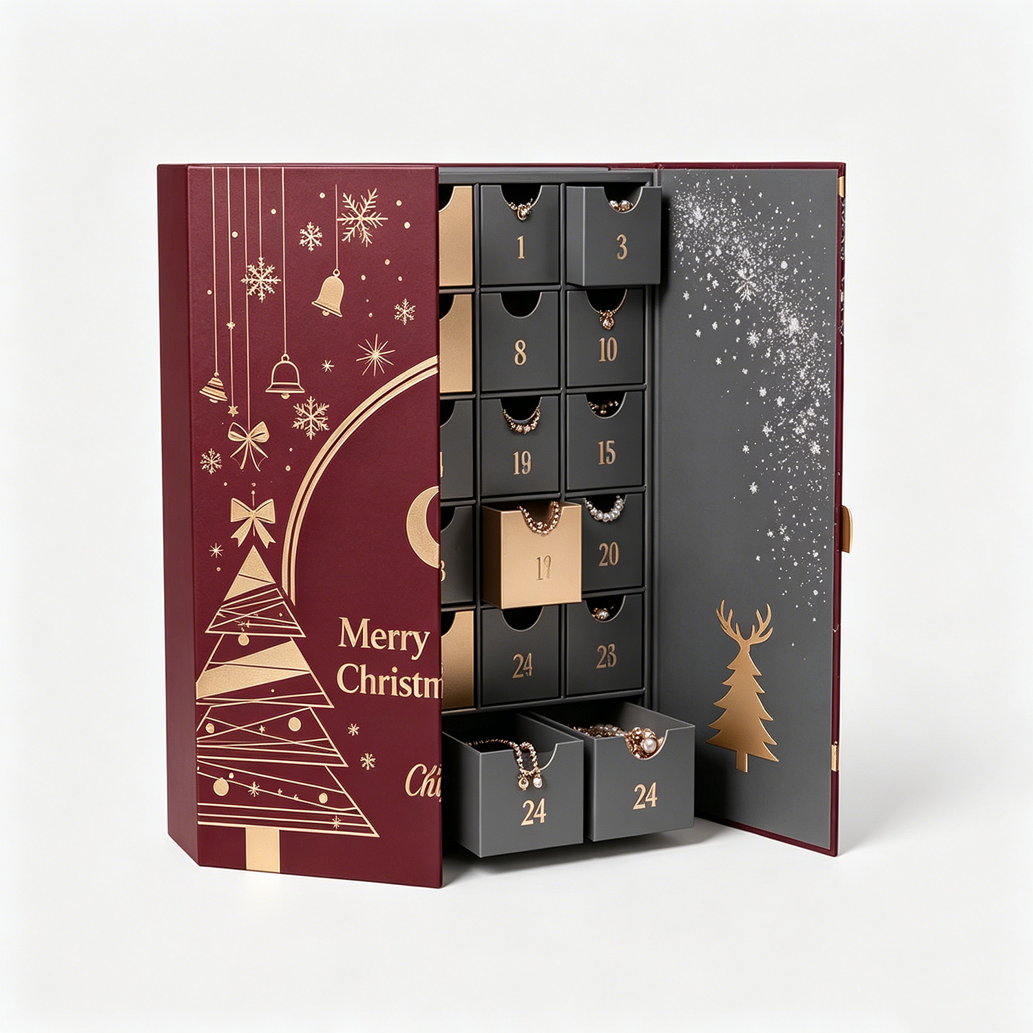 Custom 24-Day Countdown Advent Calendar Box Empty Paper Wrapped Christmas Jewelry Drawer for Cosmetics Beauty Embossed Printing