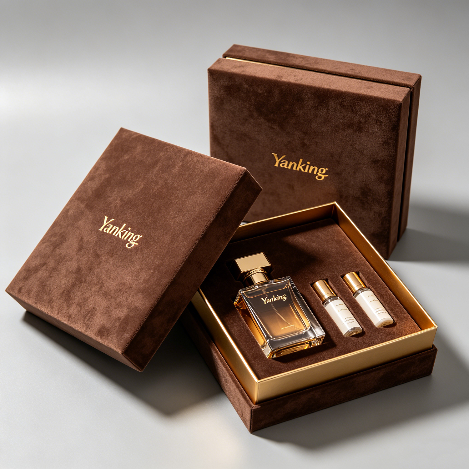 Custom Velvet Perfume Boxes Gold Foil Stamping & Gold Velvet Lining Luxury Cosmetics Packaging for High-End Brands