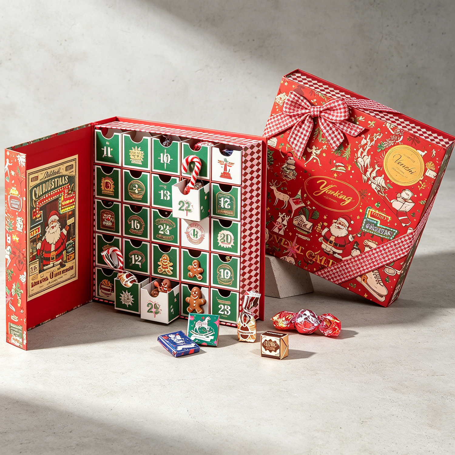Custom Christmas 24 Days Advent Calendar Chocolate Rigid Gift Paper Box Magnetic Closure with Gold Stamping and Ribbon