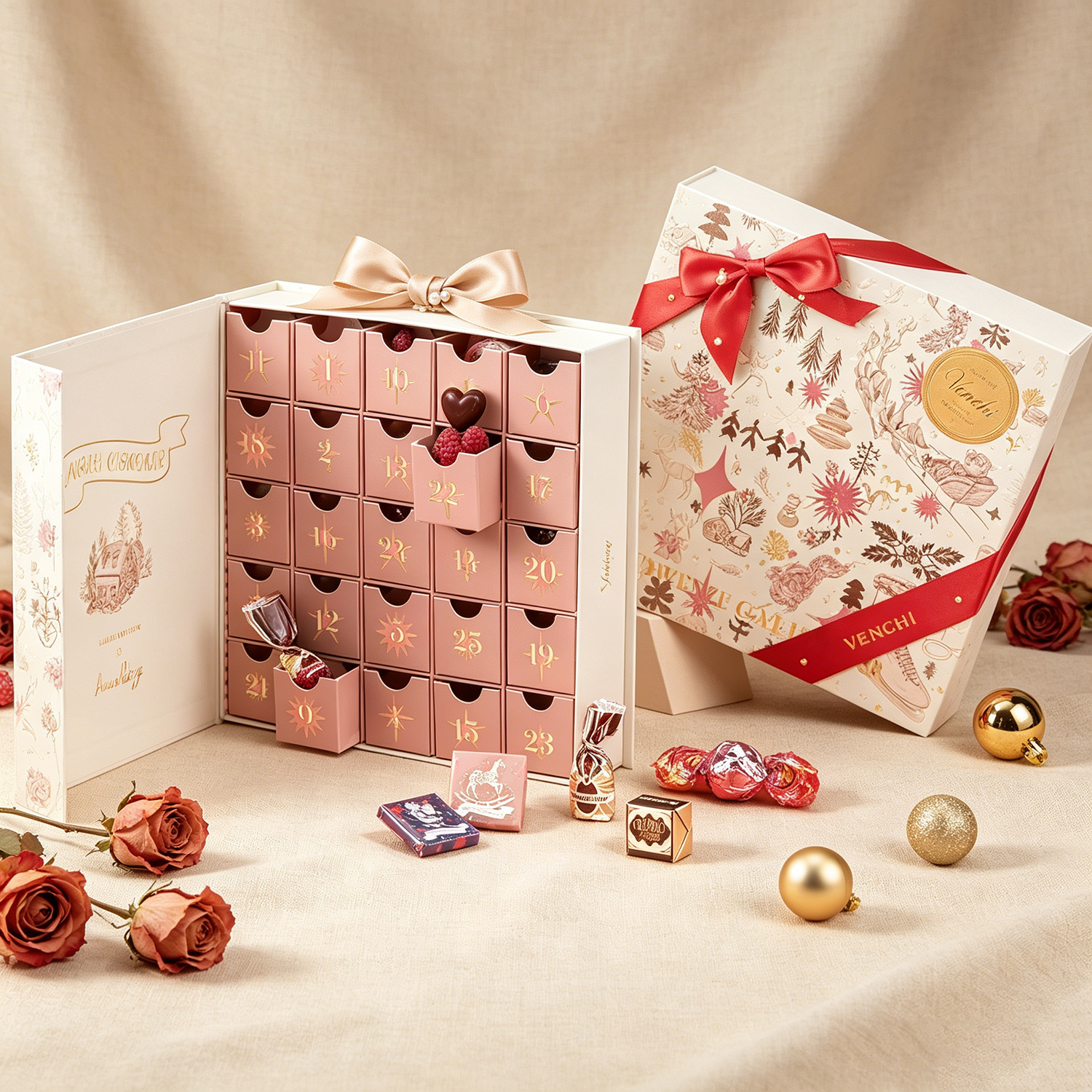 Custom Christmas 24 Days Advent Calendar Chocolate Rigid Gift Paper Box Magnetic Closure with Gold Stamping and Ribbon