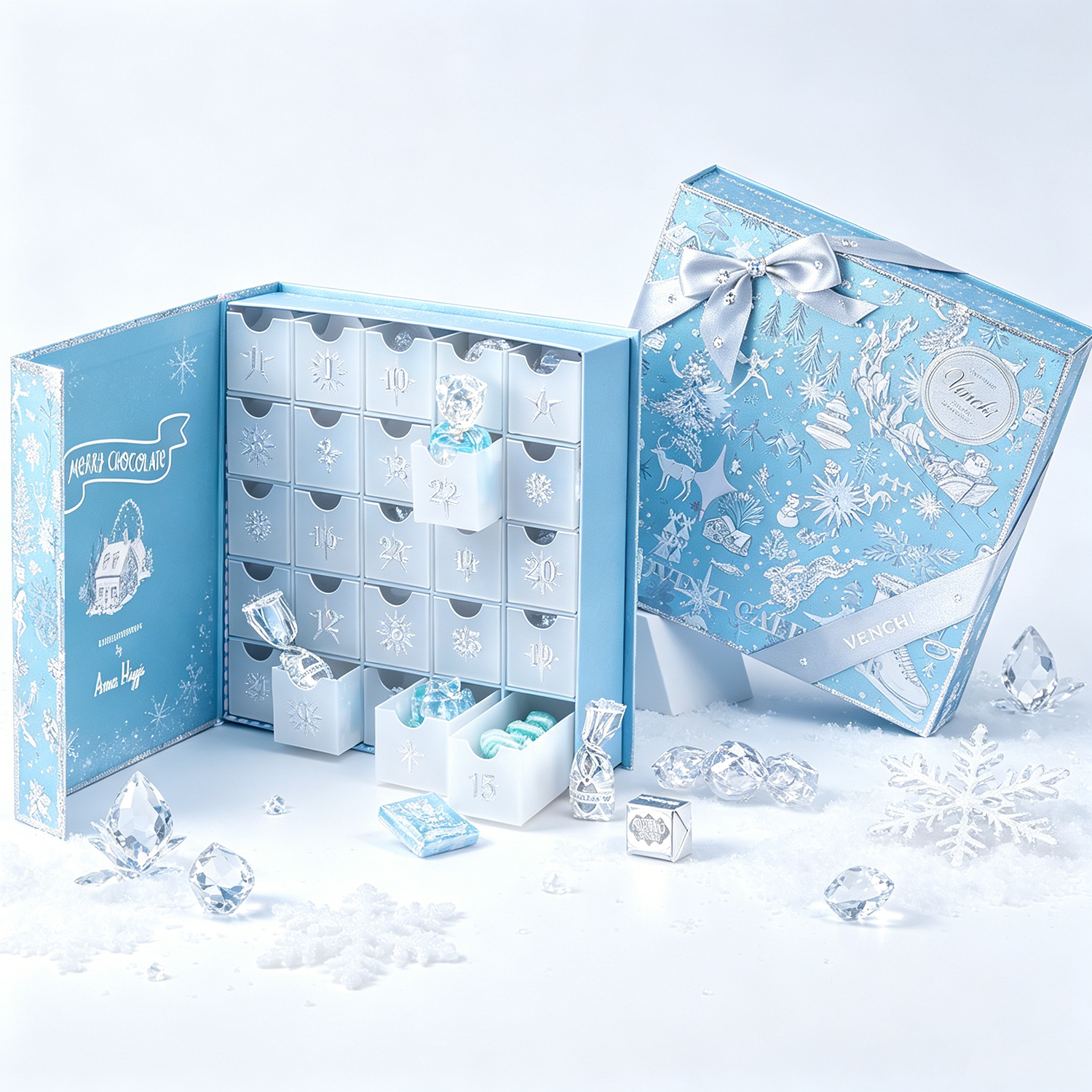 Custom Christmas 24 Days Advent Calendar Chocolate Rigid Gift Paper Box Magnetic Closure with Gold Stamping and Ribbon