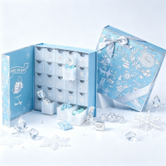 Custom Christmas 24 Days Advent Calendar Chocolate Rigid Gift Paper Box Magnetic Closure with Gold Stamping and Ribbon