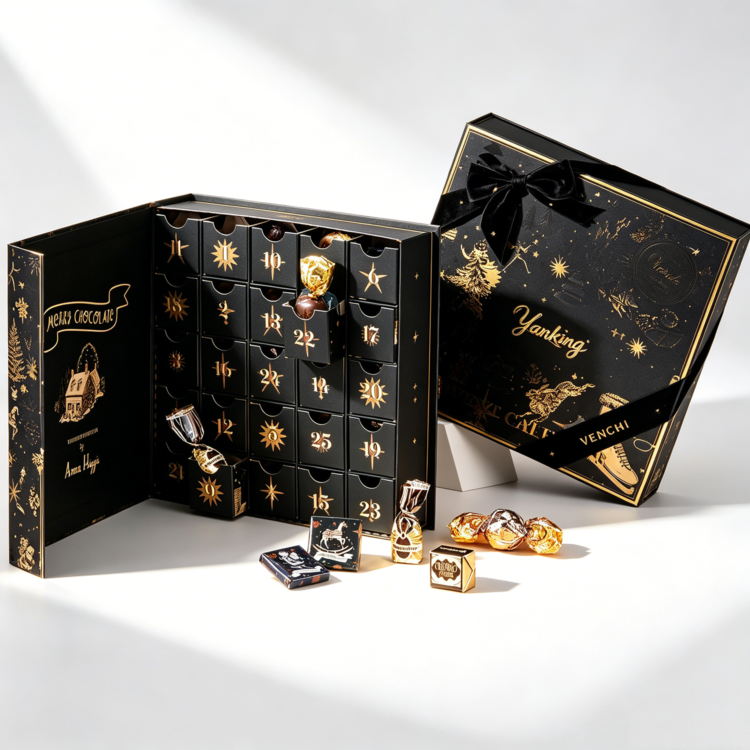 Custom Christmas 24 Days Advent Calendar Chocolate Rigid Gift Paper Box Magnetic Closure with Gold Stamping and Ribbon