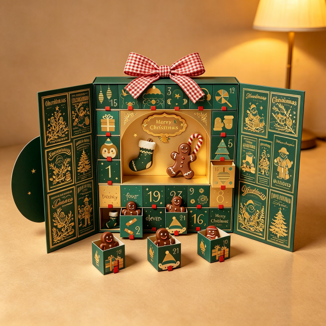 Custom Double Door Magnet Christmas 12 Days Advent Calendar Chocolate Candy Cookies Rigid Gift Paper Box for Children