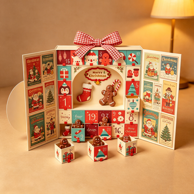 Custom Double Door Magnet Christmas 12 Days Advent Calendar Chocolate Candy Cookies Rigid Gift Paper Box for Children