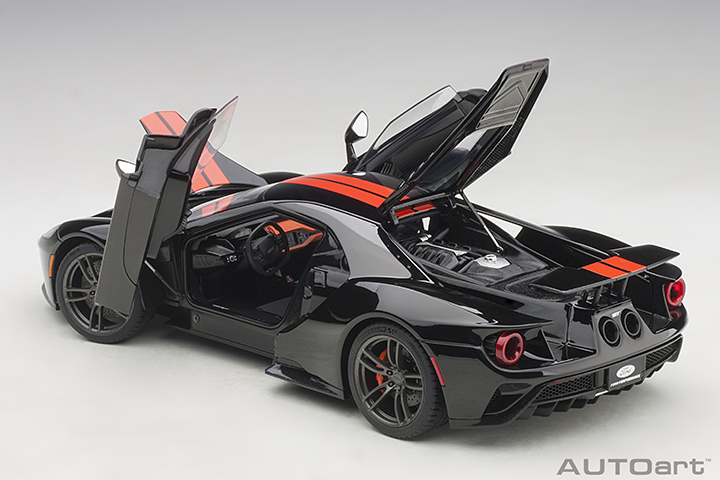 72945 1/18 FORD GT 2017 (SHADOW BLACK/ORANGE STRIPES)