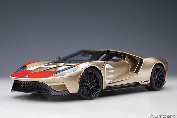 72928 1/18 FORD GT HERITAGE EDITION HOLMAN MOODY (GOLD W/ RED & WHITE)