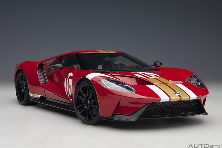 72927 1/18 FORD GT HERITAGE EDITION ALAN MANN (RED W/ GOLD STRIPES)