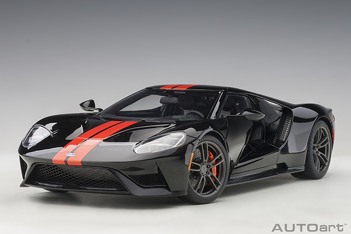 72945 1/18 FORD GT 2017 (SHADOW BLACK/ORANGE STRIPES)