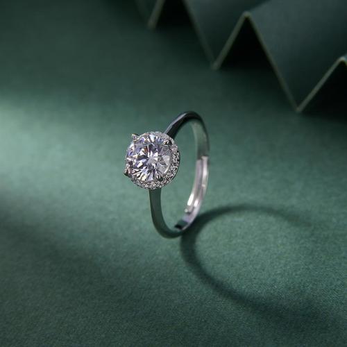 Adjustable Thin Band Single Halo Round Zircon Moissanite Solitaire 925 Sterling Silver Engagement Ring - Blossom CS Jewelry