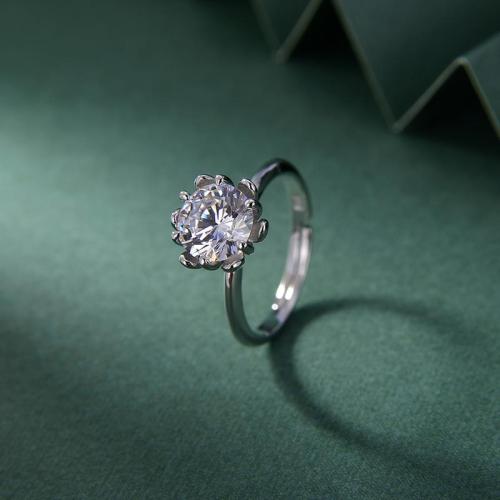 Adjustable Floral 8 Prong Round Zircon Moissanite Thin Plain Band 925 Sterling Silver Solitaire Engagement Ring - Blossom CS Jewelry
