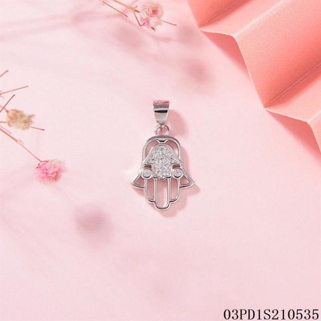 Blossom CS Jewelry 925 Sterling Silver Rhodium Plated Hamsa Hand Pave Zircon Pendant Necklace