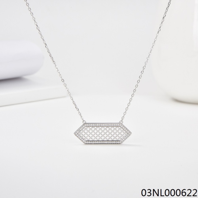 925 Sterling Silver Hexagon Open‑Work Lattice CZ Bar Pendant Necklace Thin Cable Chain Women Jewelry | Blossom CS Jewelry