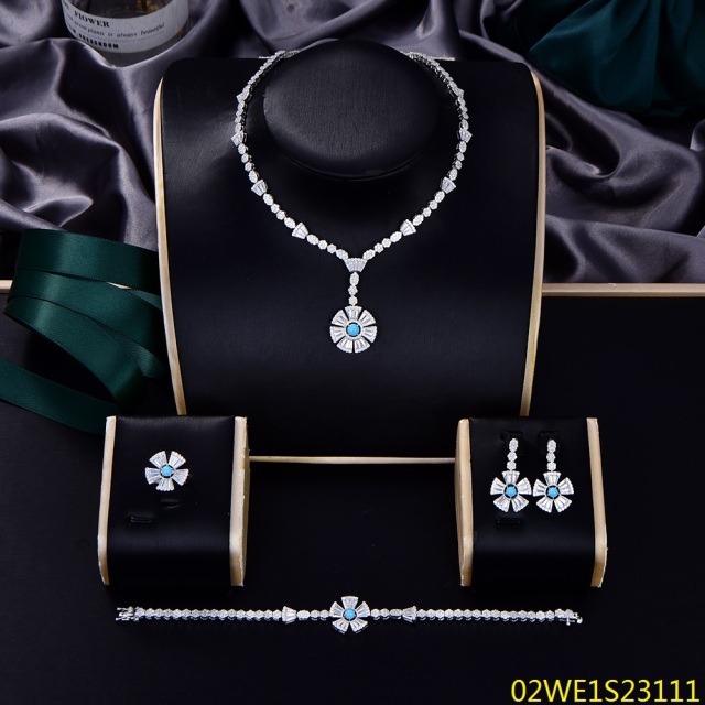 925 Sterling Silver Turquoise‑Center Flower CZ Y‑Drop 4‑Piece Jewelry Set Necklace Bracelet Earrings Ring | Blossom CS Jewelry