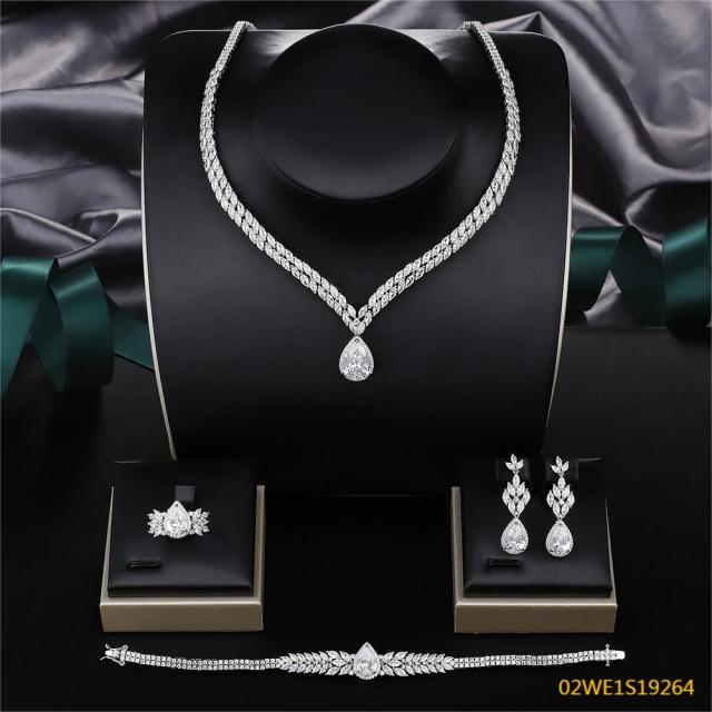 925 Sterling Silver Teardrop CZ V‑Neck 4‑Piece Jewelry Set Necklace Bracelet Earrings Ring | Blossom CS Jewelry