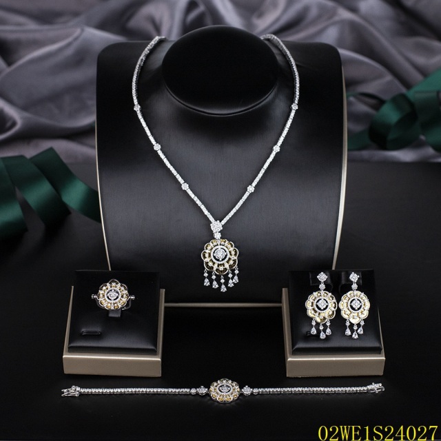 925 Sterling Silver Two-Tone Floral Medallion Tassel 4‑Piece Jewelry Set Necklace Bracelet Earrings Ring | Blossom CS Jewelry