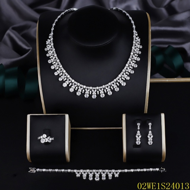 925 Sterling Silver Fringe Hexagon CZ 4‑Piece Jewelry Set Necklace Bracelet Earrings Ring | Blossom CS Jewelry