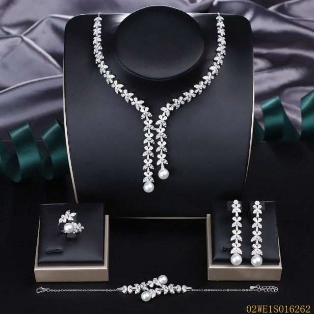 925 Sterling Silver Leaf‑Shape CZ Pearl Y‑Drop 4‑Piece Jewelry Set Necklace Bracelet Earrings Ring | Blossom CS Jewelry