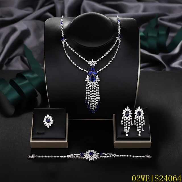 925 Sterling Silver Layered Blue Cubic Zirconia Fringe Tassel 4 Piece Bridal Jewelry Set Necklace Bracelet Earrings Ring Wedding Gala