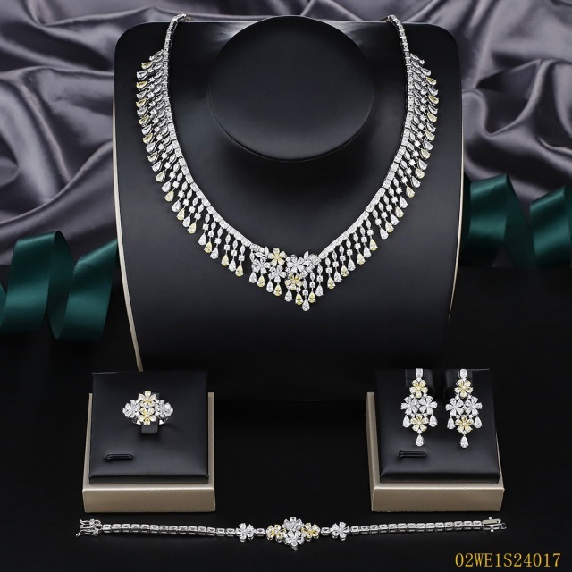 925 Sterling Silver Two-Tone Fringe Floral CZ 4‑Piece Jewelry Set Necklace Bracelet Earrings Ring | Blossom CS Jewelry