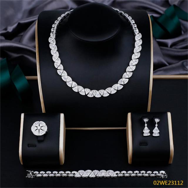 925 Sterling Silver Fan‑Shape Baguette CZ 4‑Piece Jewelry Set Necklace Bracelet Earrings Ring | Blossom CS Jewelry