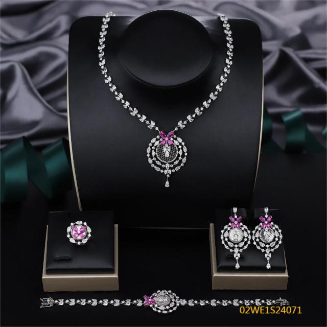 925 Sterling Silver Butterfly Pink Cubic Zirconia Openwork Pendant 4 Piece Bridal Jewelry Set Necklace Earrings Bracelet Ring