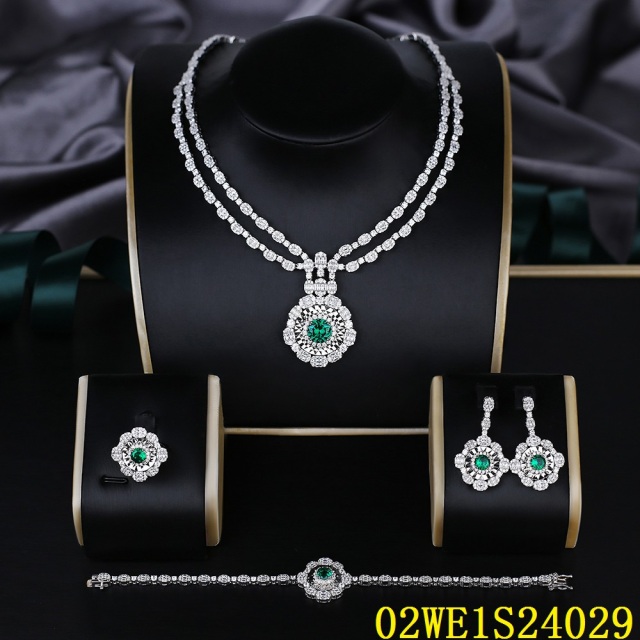 925 Sterling Silver Double Layer Sunburst Green CZ 4‑Piece Jewelry Set Necklace Bracelet Earrings Ring | Blossom CS Jewelry