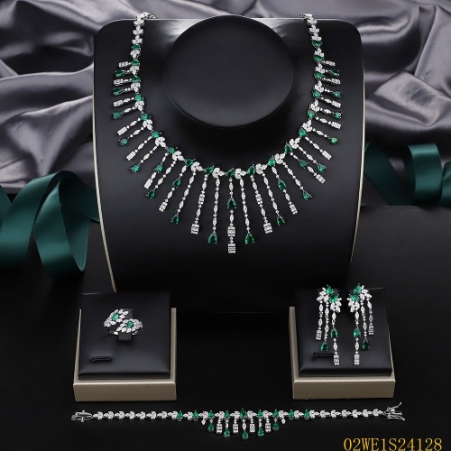 925 Sterling Silver Emerald Green CZ Tassel Bib Collar 4 Piece Bridal Jewelry Set Necklace Bracelet Earrings Ring